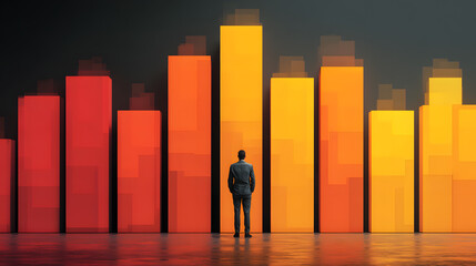 A business professional analyzing data charts with bar graphs, symbolizing market trends and financial strategies.