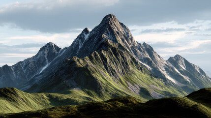 Obraz premium A majestic mountain peak rises dramatically against a serene sky with wispy clouds, creating a breathtaking landscape that inspires awe and wonder in nature lovers.