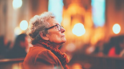 Elderly woman with gray hair sits quietly in a church during a service