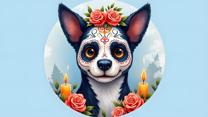 Watercolor of Dog Skull with Bone Patterns in Día de los Muertos Style