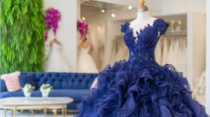 Elegant blue gown displayed in a bridal shop with white dresses in background