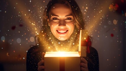 Fototapeta premium Joyful Young Woman Opening Gift Box Surrounded by Sparkling Lights and Bokeh Effect in Warm Indoor Setting