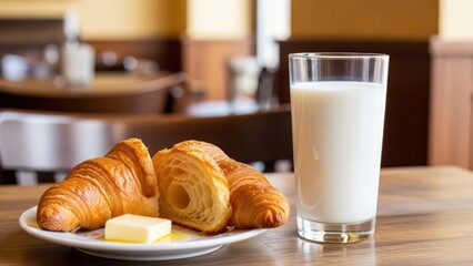 Fresh croissants with butter and glass of milk on café table