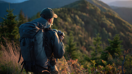 A lone hiker with a large backpack gazes out over the rolling hills and mountains covered in lush green trees, enjoying the scenic view at sunset from above.