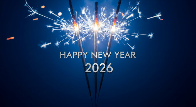 Image of sparkler with bright sparkles, displaying Happy New Year 2026 text against blue background, representing celebration, festive time and joyous mood