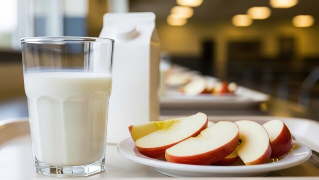 Glass of milk and sliced apples on cafeteria tray in bright setting - Powered by Adobe