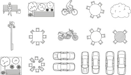 Top view icons, urban elements, street furniture, outdoor benches, round tables, city planning symbols, car silhouettes, bike rider, motorcycle, landscape illustration