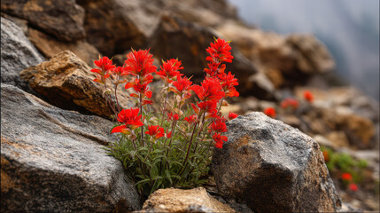 Vibrant red paintbrush wildflowers bloom amidst rugged rocks on a mountain slope, their bright colors contrasting against the gray stone and misty background above.