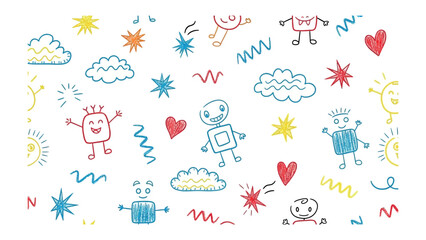 Childlike Doodle: A vibrant composition of childlike doodle with playful robots, stars, clouds, hearts, and whimsical elements, evokes a sense of joy and imagination.