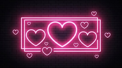 Neon hearts and rectangle frame glowing against a dark brick wall background