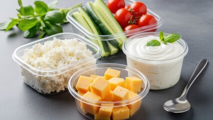 Fresh veggies and dairy products collection with cucumbers, tomatoes, cheese, and yogurt