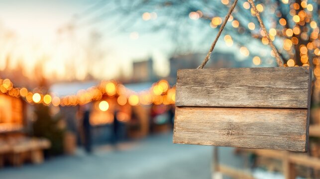 Wooden sign hangs over a festive market area during evening hours - Powered by Adobe