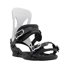 A black and white snowboard binding with adjustable straps for winter sports Transparent Background, Cutout