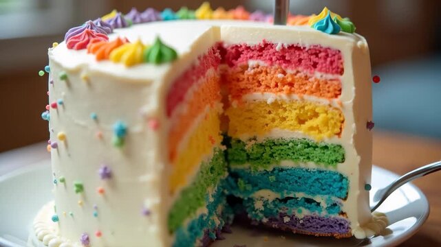 Sliced rainbow layer cake with vibrant colored sponge layers covered in white frosting and colorful sprinkles on white plate, joyful celebration dessert, birthday party, festive bakery