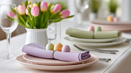 Elegant easter table setting with pastel decorations and spring flowers for a festive dining experience