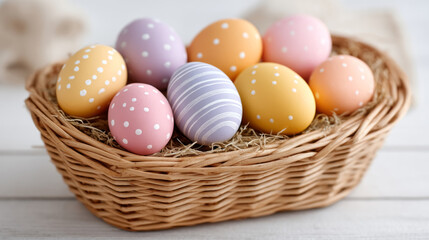 Colorful pastel easter eggs in a woven basket for festive decoration