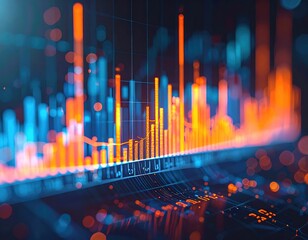 Glowing orange/blue data bars, circuit lines, blurred depth