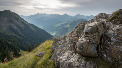 An olive green backpack rests atop a rocky outcrop overlooking a stunning panoramic vista of forested mountains under a serene, slightly overcast sky.