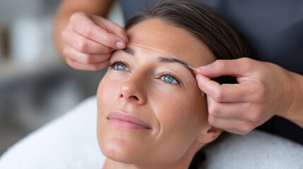 Fototapeta premium Precise eyebrow threading in beauty salon with skilled esthetician service