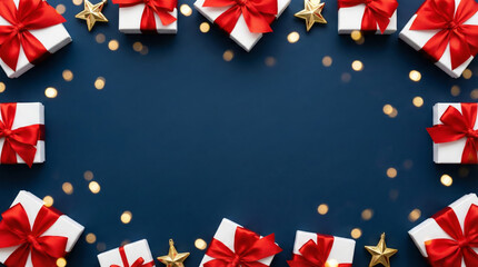 Obraz premium Christmas and new year gift boxes with red ribbons and golden stars border frame on dark blue background with bokeh lights copy space for text