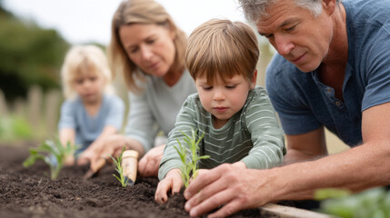 Family bonding in the garden planting flowers together outdoors for a joyful gardening experience