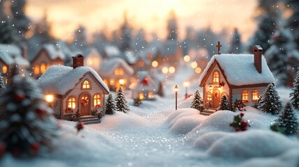 Miniature snowy Christmas village with glowing houses and winter decorations