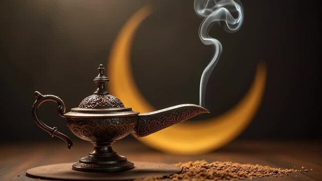Vintage arabic incense burner releasing fragrant smoke beside glowing crescent moon on dark background, mystical oud moment, concept of ramadan kareem, eid mubarak, luxury fragrance brands
