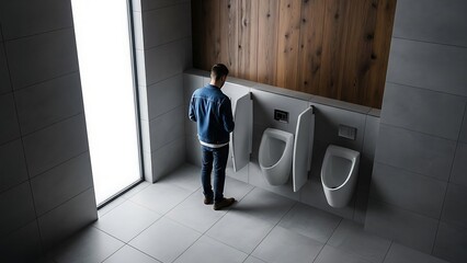 Fototapeta premium Young Man Standing in Modern Public Restroom with Urinals and Wooden Wall