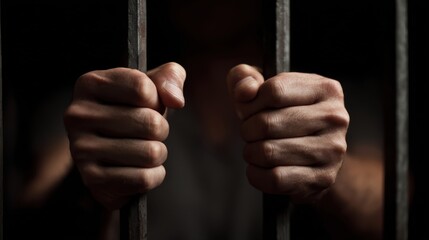 Hands holding metal bars in prison cell
