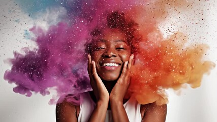 Surprised african american woman smiling while a colorful cloud of ideas and creativity explodes from her head, symbolizing information overload, burnout, and digital chaos on a white background - Powered by Adobe