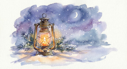 Watercolor painting of an antique oil lantern glowing warmly in a snowy, winter night scene under a crescent moon, with falling snow and pine branches