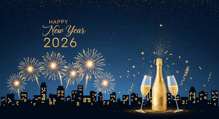 Golden bottle and glass with flowing liquid, set against a cityscape silhouette with fireworks and "Happy New Year 2026", symbolizing celebration