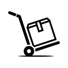 Black icon of a hand truck carrying a cardboard box dolly trolley