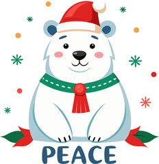 A polar bear wearing a Christmas hat conveying peace greetings, white background.