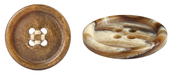 Two views of a round, brown, marbled plastic or horn sewing button with four holes, isolated on transparent background