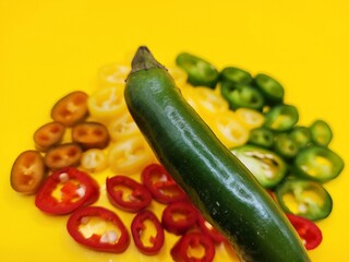 Spicy pieces of chili against a yellow background