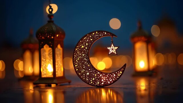 Glowing crescent moon ornament with hanging star in front of blurred golden arabic lanterns against twilight blue sky, warm bokeh lights and reflections, concept of ramadan kareem, eid mubarak - Powered by Adobe