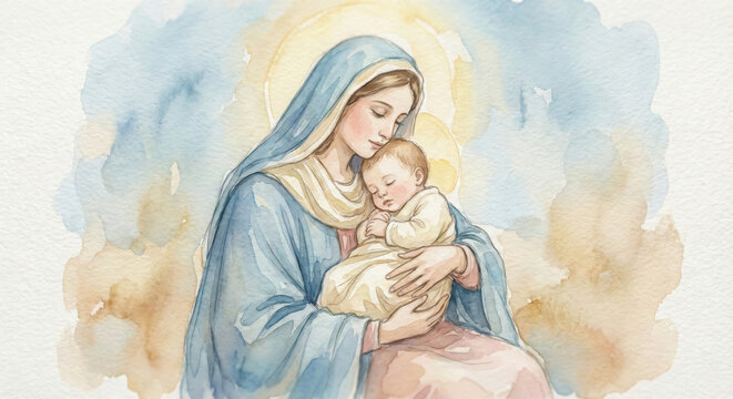 Watercolor painting of the virgin mary holding the sleeping baby jesus, tender moment of maternal love and divine grace, soft pastel colors, religious art, spiritual illustration