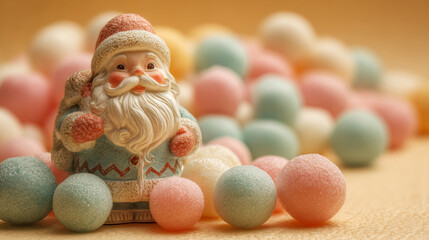 Vintage Santa Figure with Pastel Candies, Warm Cream Background, Cozy Nostalgic Holiday Scene