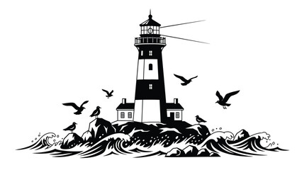 A classic black and white illustration of a lighthouse amidst stormy seas