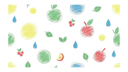 Colorful Apple Sketch: Playful and vibrant sketch-style pattern of apples, raindrops, leaves, and other colorful elements, evoking a sense of joy and artistic expression.
