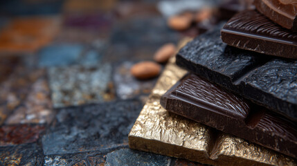 Detailed shot of artisanal dark chocolate bars broken into textured pieces, perfect for gourmet and dessert themes