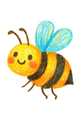 Adorable Hand-Drawn Honeybee Cartoon Character &mdash; Cute Yellow-and-Black Insect with Wings, Smiling, Happy, Friendly and Playful in a Childlike Crayon and Colored-Pencil Doodle Style
