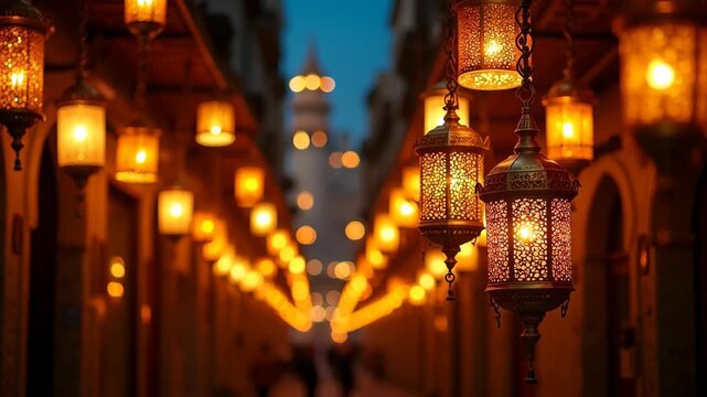 Row of colorful glowing arabic lanterns hanging above traditional souk alley with people walking under festive string lights, concept of ramadan kareem, eid mubarak, middle eastern tourism