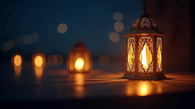 Hanging ornate arabic lantern with glowing crescent moon motifs at twilight blue hour, traditional ramadan lighting scene, concept of ramadan kareem, eid mubarak