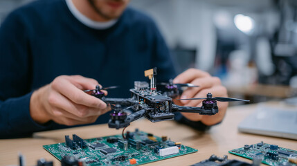 Close-up of hands assembling a small drone, components visible symbolizing technology hobbies and engineering creativity