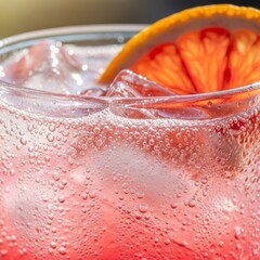 Extreme close-up of condensation and bubbles in a fruit-infused functional soda.
