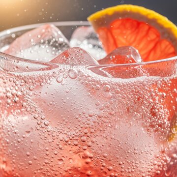 Extreme close-up of condensation and bubbles in a fruit-infused functional soda.