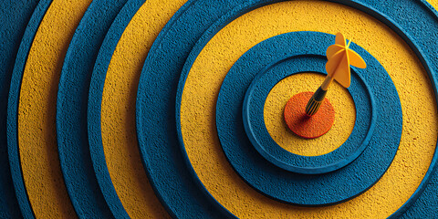 Blue and yellow dartboard with dart in the center Business dartboard concept, IA generativa
