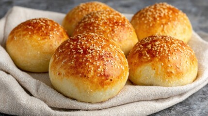 Freshly baked bread rolls on a cloth napkin in a kitchen setting